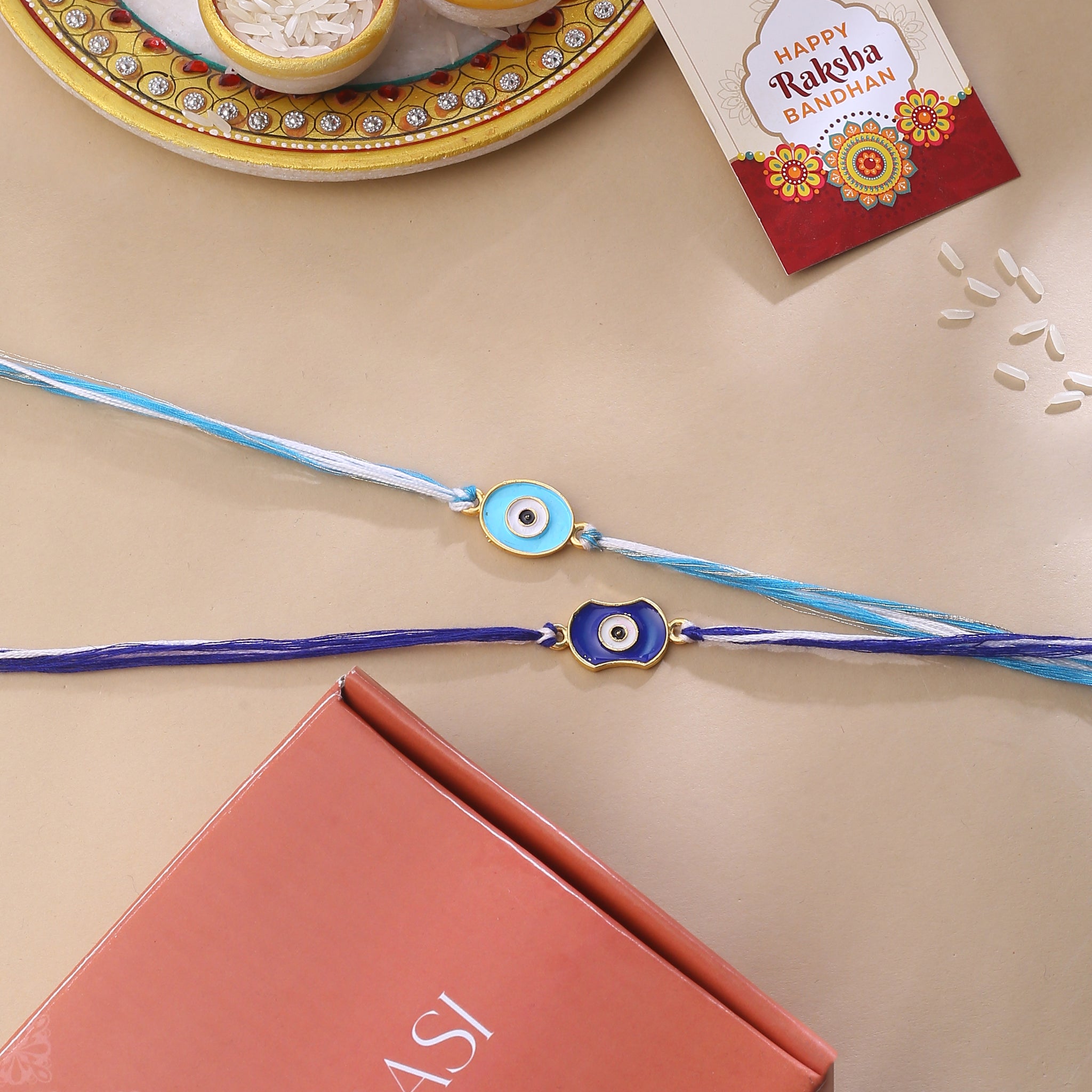 Evil eye Rakhi Combo with Roli Chawal, Card and Teddy Bear