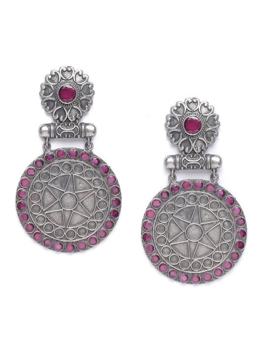 Oxidised Pink Stone Studded Dangler Earrings