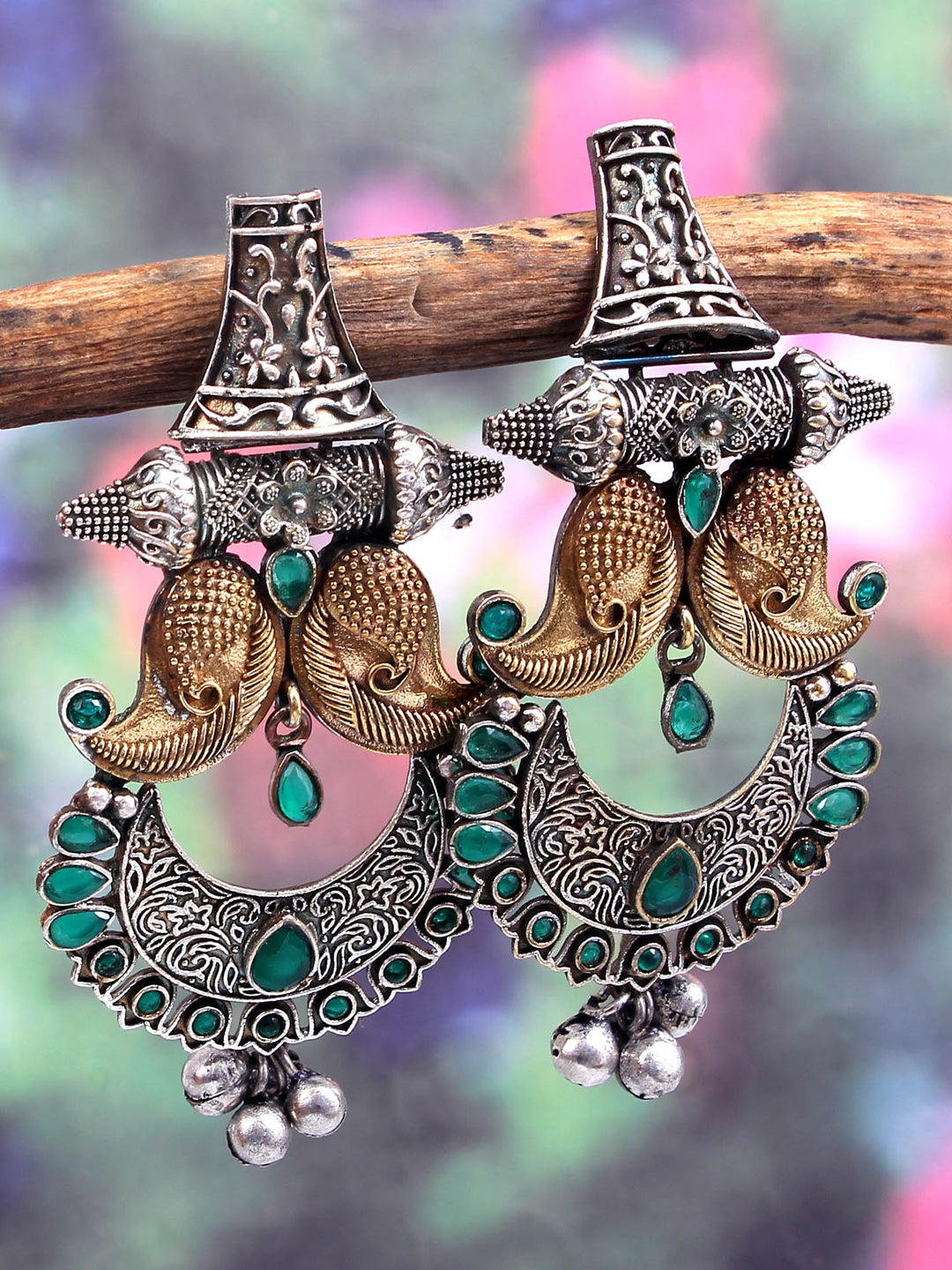 Dual Tone Green Stone Studded Dangler Earring