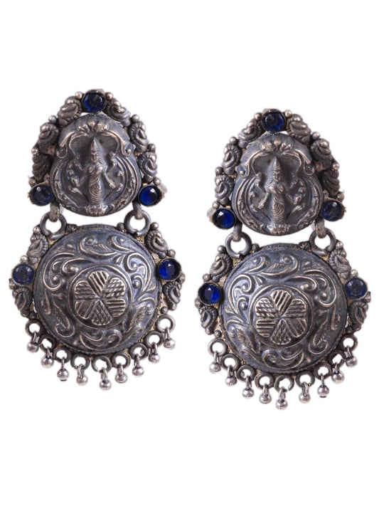 Dual Tone  Blue Stone Studded Dangler Earrings