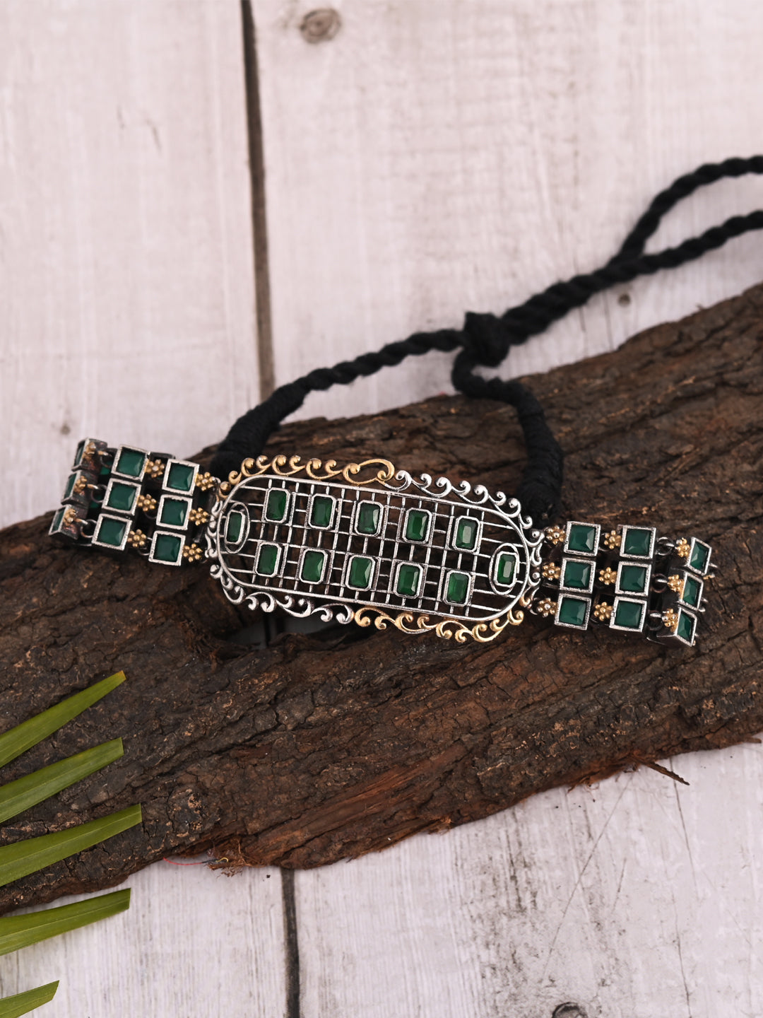 Dual Tone Green Stone Studded Thread Choker Necklace