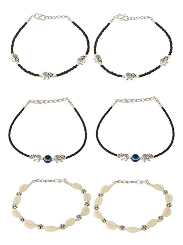 Black Beads & Shell Anklets Combo- Set of 3