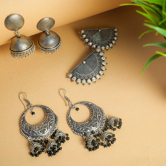 Oxidized Elegance: Set of 3 Unique Earring Pairs