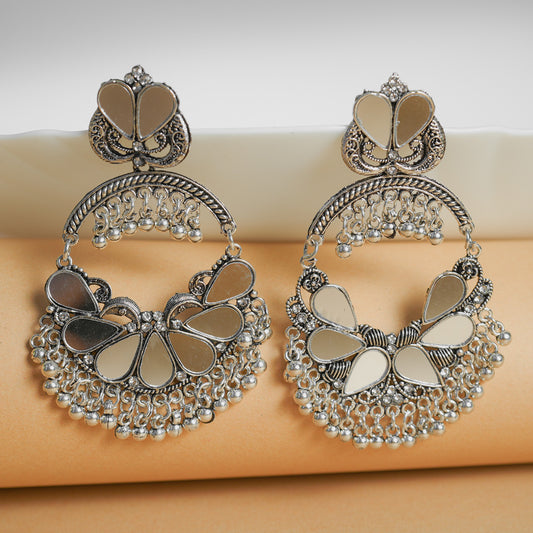 Oxidized Silver Chandbali Earrings with Mirror Work