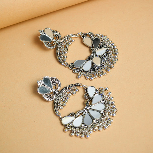 Oxidized Silver Chandbali Earrings with Mirror Work