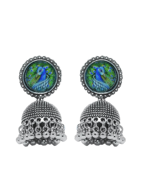 Silver-Plated Peacock Design Oxidized Jhumki