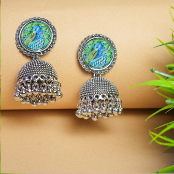 Silver-Plated Peacock Design Oxidized Jhumki