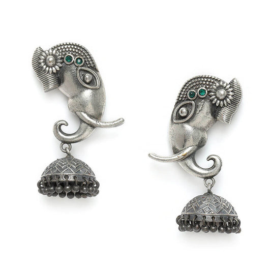 Oxidized Silver-Toned Elephant Shape Drop Earrings-Green