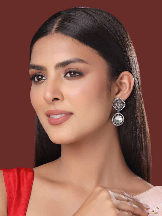 Kundan Studded Dangle Earrings With Rhodium Plating