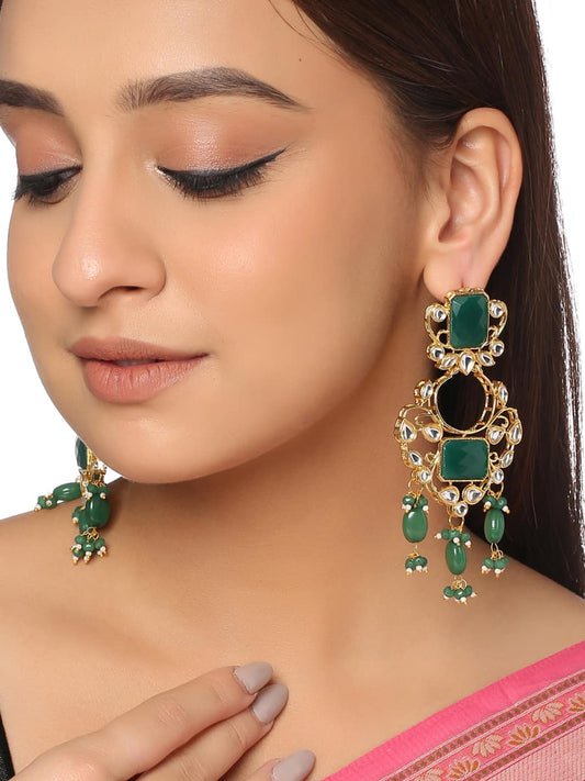 Gold Plated Green Stone Dangle Earrings