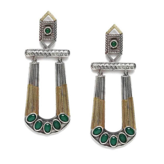 Dual Tone Oxidized Classic Drop Earring-Green Stone