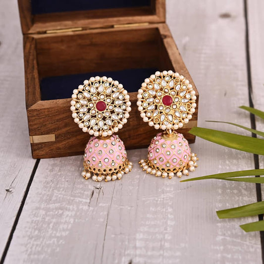 Meenakari Dangle Jhumka Earrings-Pink