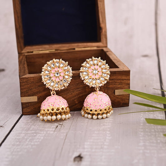 Meenakari Jhumka Earrings-Pink