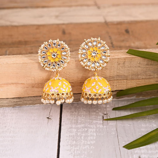 Meenakari Jhumka Earrings-Yellow