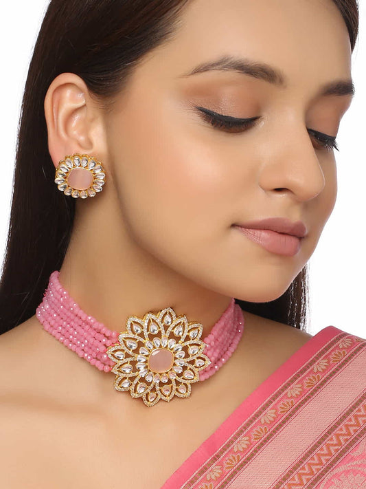 Pink Beads Pearls Kundan Necklace Set