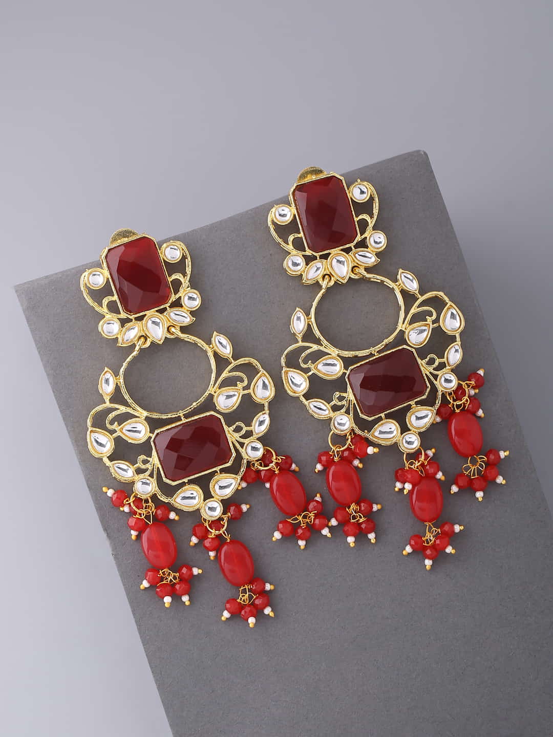 Gold Plated Red Stone Dangle Earrings