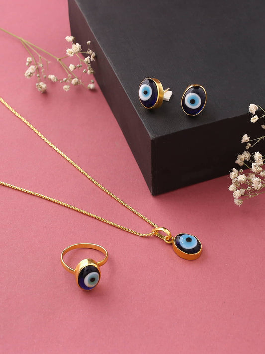 Gold Plated Enamel Evil Eye Chain Pendant Set with Ring