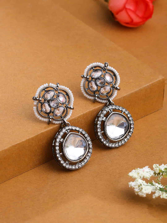 Kundan Studded Dangle Earrings With Rhodium Plating