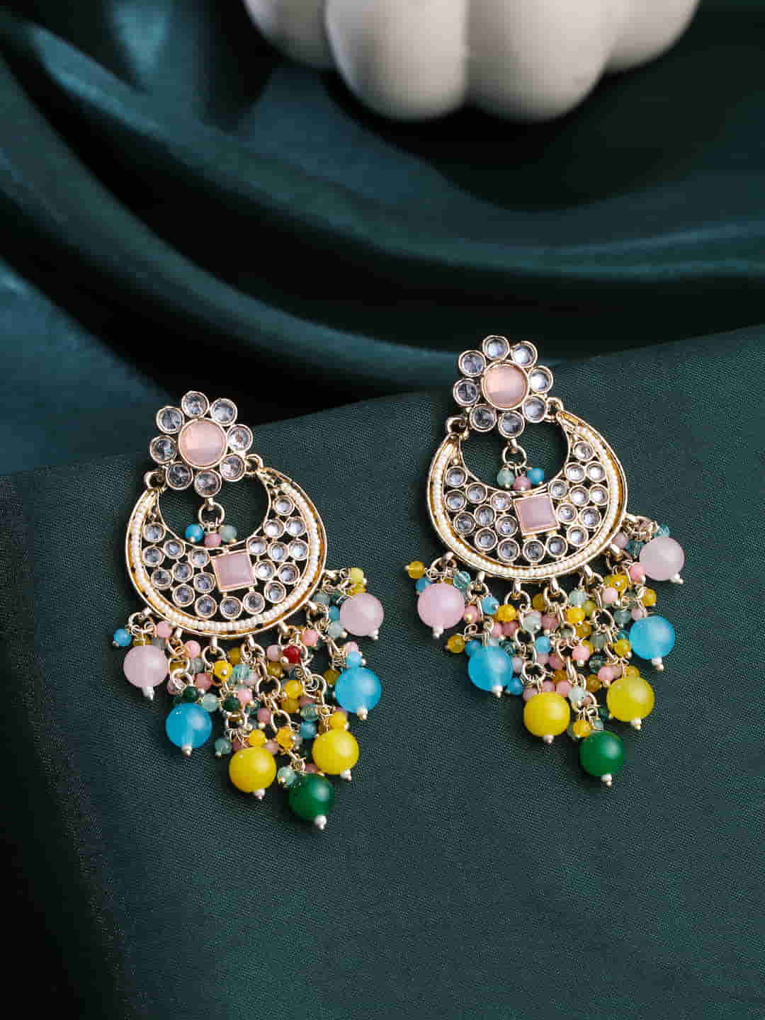 Handcrafted Pink Green Gold Tone Kundan Earrings – Femizen