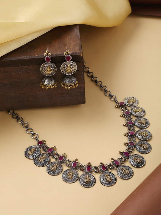 Dual Tone Coin Shape Temple Necklace Set-Pink