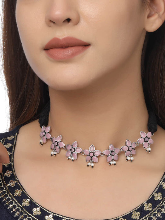 Pink Stone Studded Floral Shape Oxidised Choker Necklace Set