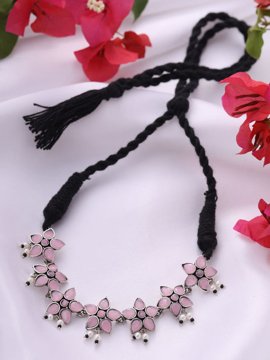 Pink Stone Studded Floral Shape Oxidised Choker Necklace Set