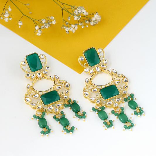 Gold Plated Green Stone Dangle Earrings