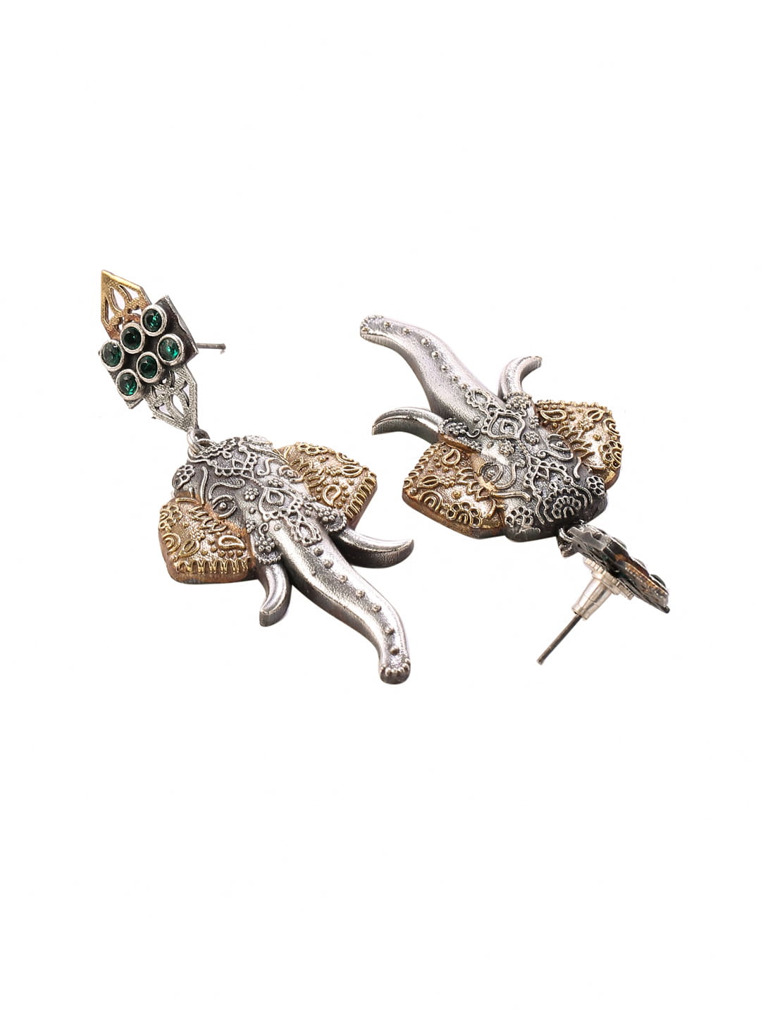 dual-tone-elephant-shape-dangle-earrings-with-green-stone-viraasi