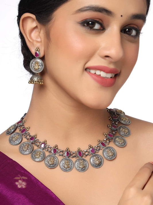 Dual Tone Coin Shape Temple Necklace Set-Pink