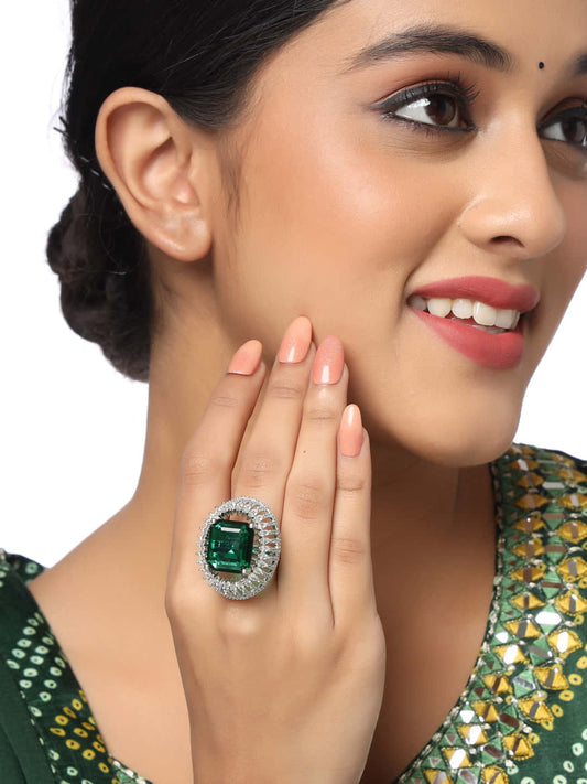 American Diamond Rings with Silver Plating-Green