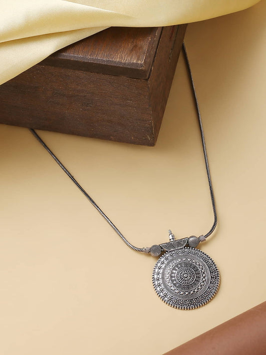 Oxidized Engraved Round Chain Pendant for Girls and Women