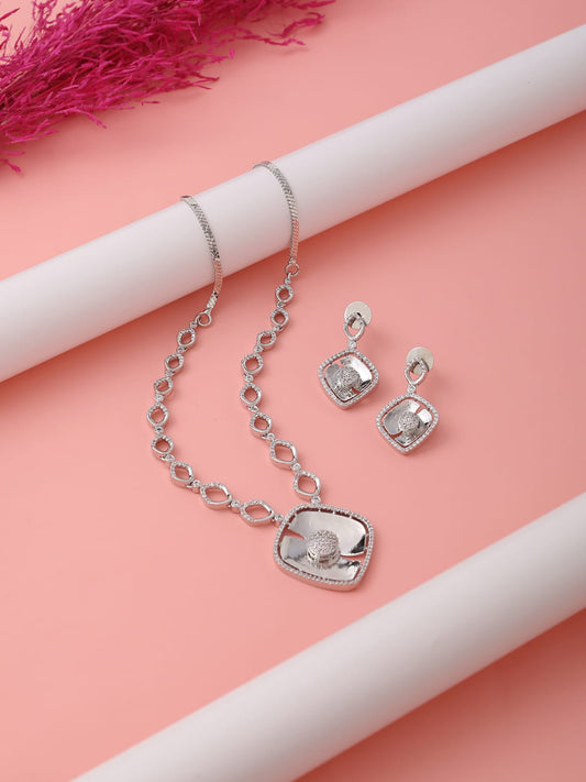 Silver Plated Diamond Chain Pendant Necklace with Earrings