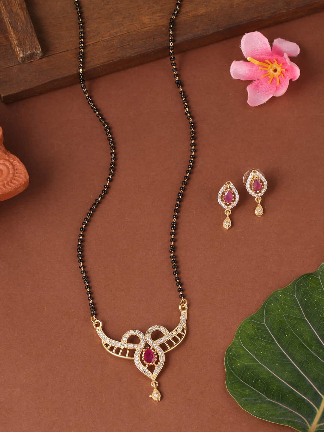 gold-plated-pink-stone-mangalsutra-with-earrings-for-women-viraasi