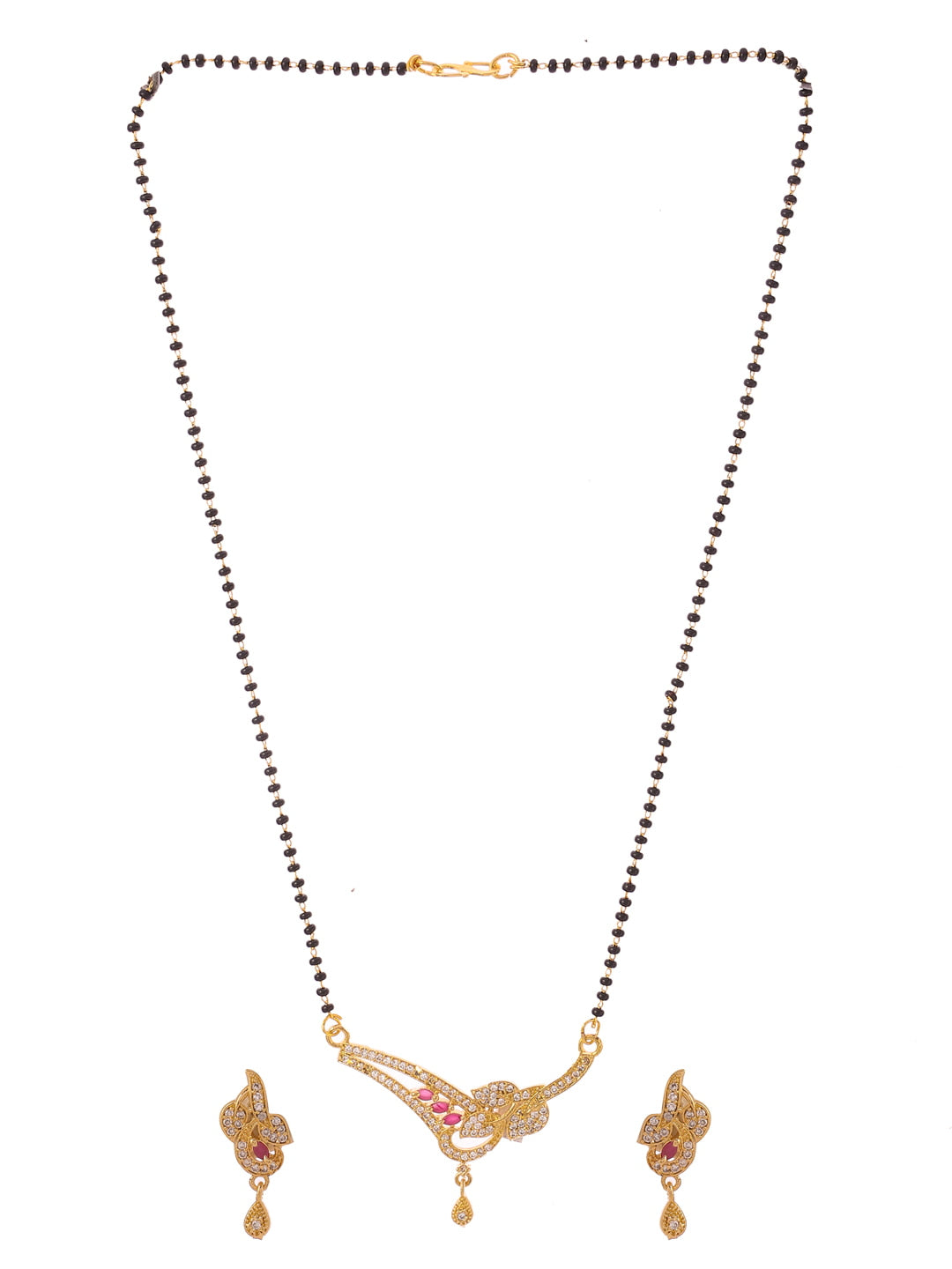 gold-plated-leaf-shape-mangalsutra-with-earrings-with-pink-stone-viraasi