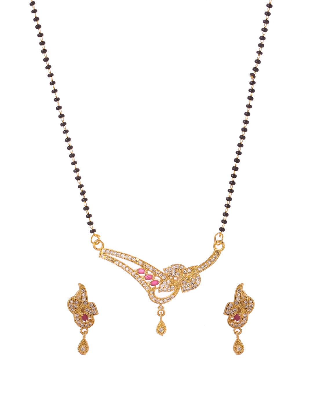 gold-plated-leaf-shape-mangalsutra-with-earrings-with-pink-stone-viraasi