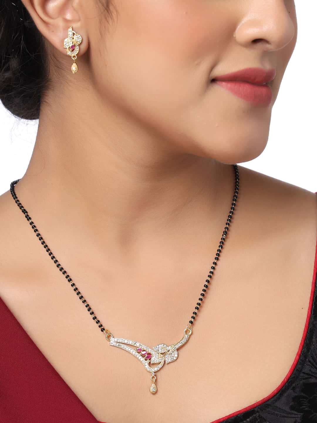 gold-plated-leaf-shape-mangalsutra-with-earrings-with-pink-stone-viraasi