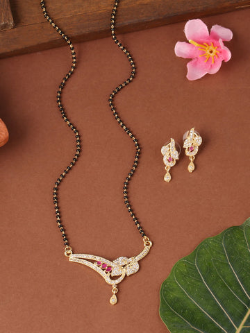 gold-plated-leaf-shape-mangalsutra-with-earrings-with-pink-stone-viraasi