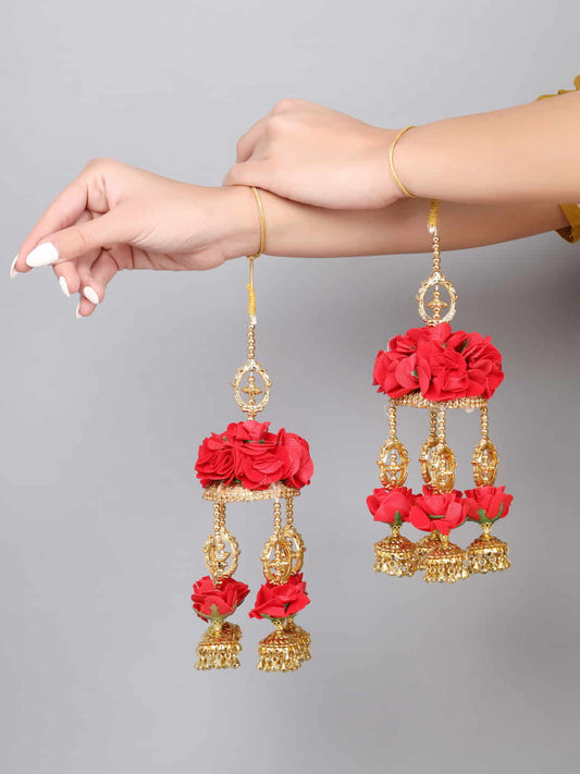 Gold Plated Red Flower Bridal Kaleera for Women and Girls