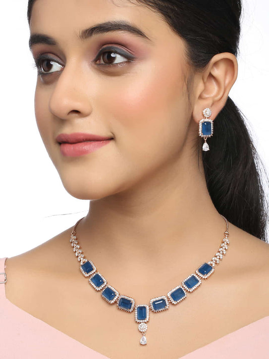 Rose Gold Plated American Diamond Necklace Set-Sapphire Color