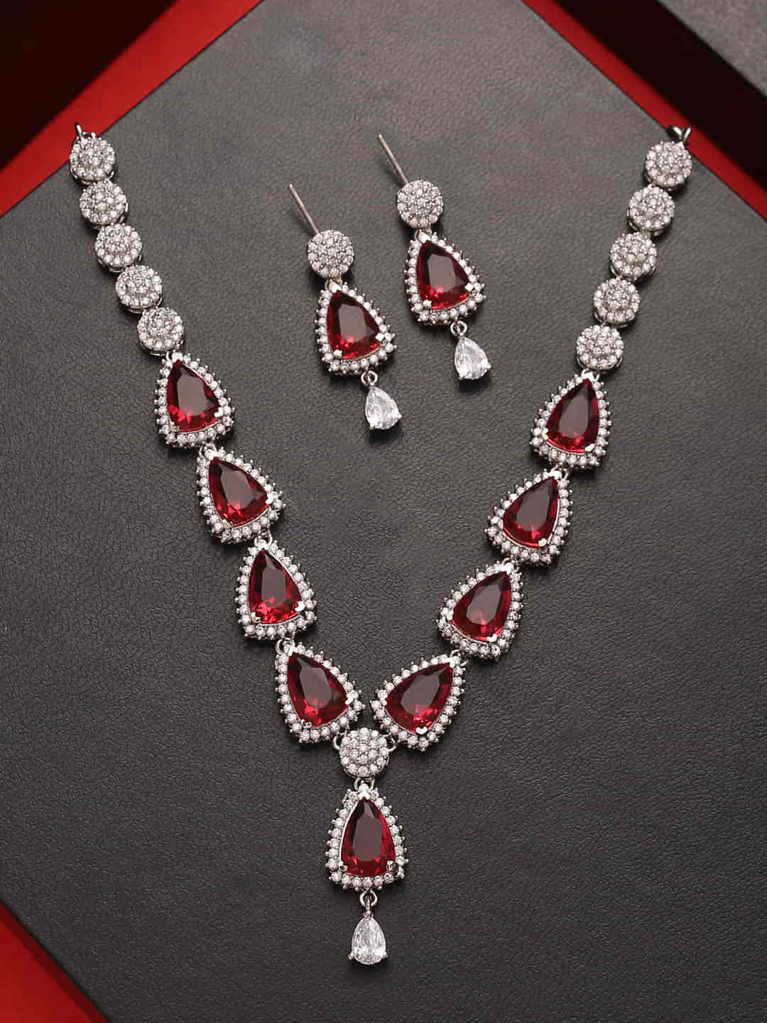 Red American Diamond Necklace for Parties - Wedding Gift - Diamond Necklace  Design -Victoria Crystal Necklace Set - Ruby Red By Blingvine