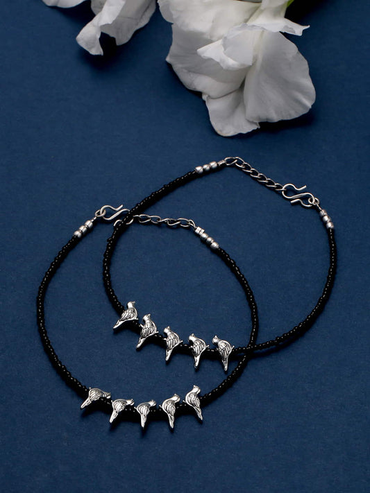 Bird Shape Anklet with Black Beads