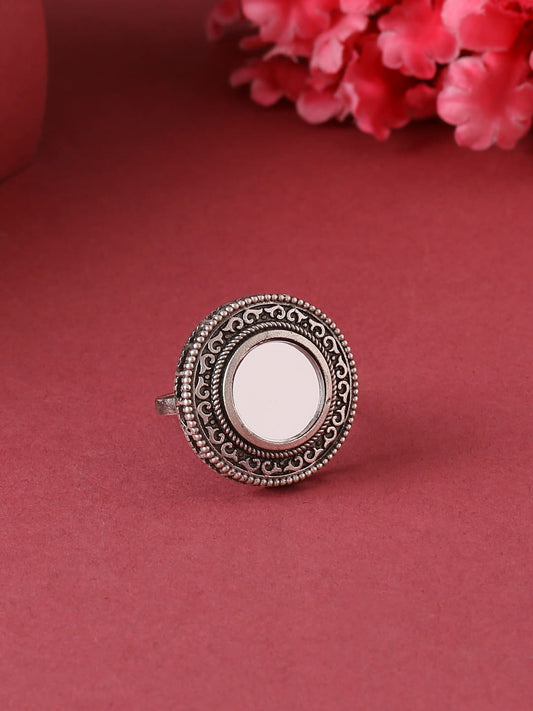 Antique Design Round Shape Oxidised Ring-Adjustable