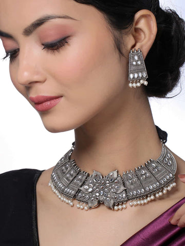 Antique Oxidised Mirror Choker Necklace Set