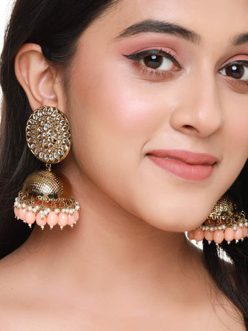 Orange Beaded Kundan Jhumka Earrings