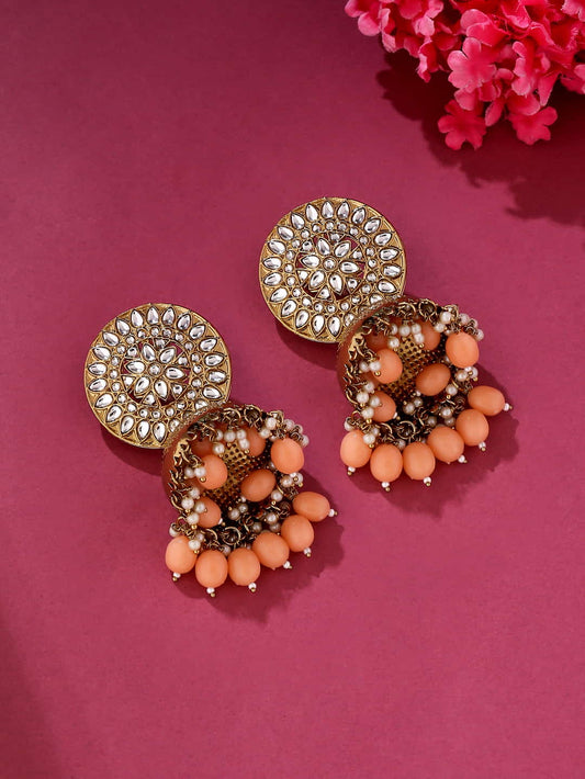 Orange Beaded Kundan Jhumka Earrings