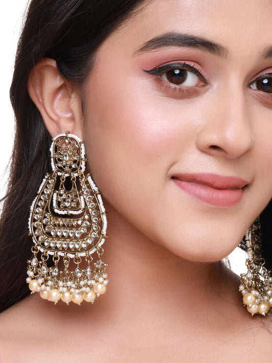 Gold Plated Kundan Dangle Earrings with Pearls