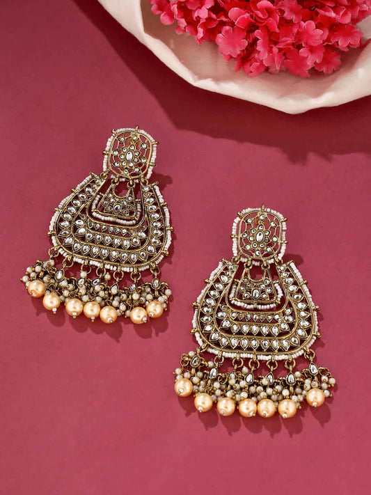 Gold Plated Kundan Dangle Earrings with Pearls