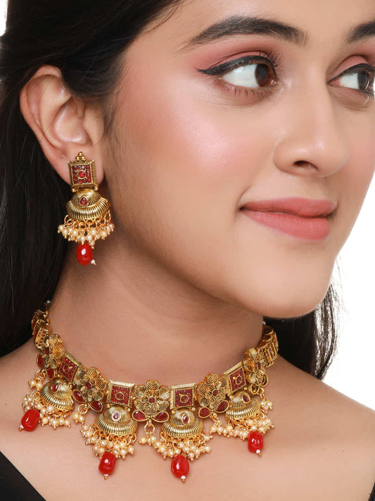 Gold Plated Choker Necklace Set with Red Stones