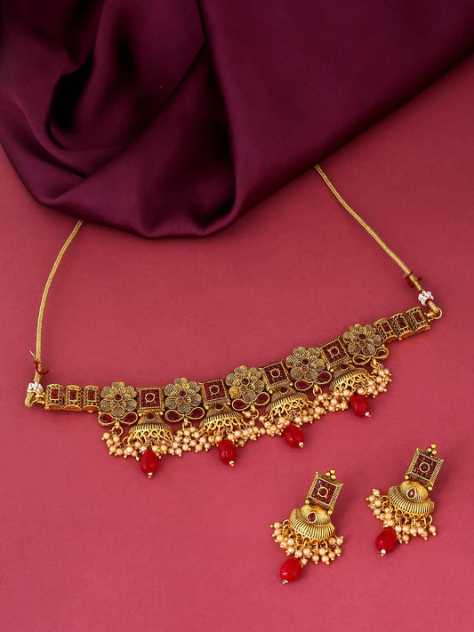 Gold Plated Choker Necklace Set with Red Stones
