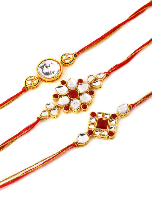 Set of 3 Red and Gold Toned Kundan Rakhi for Brother